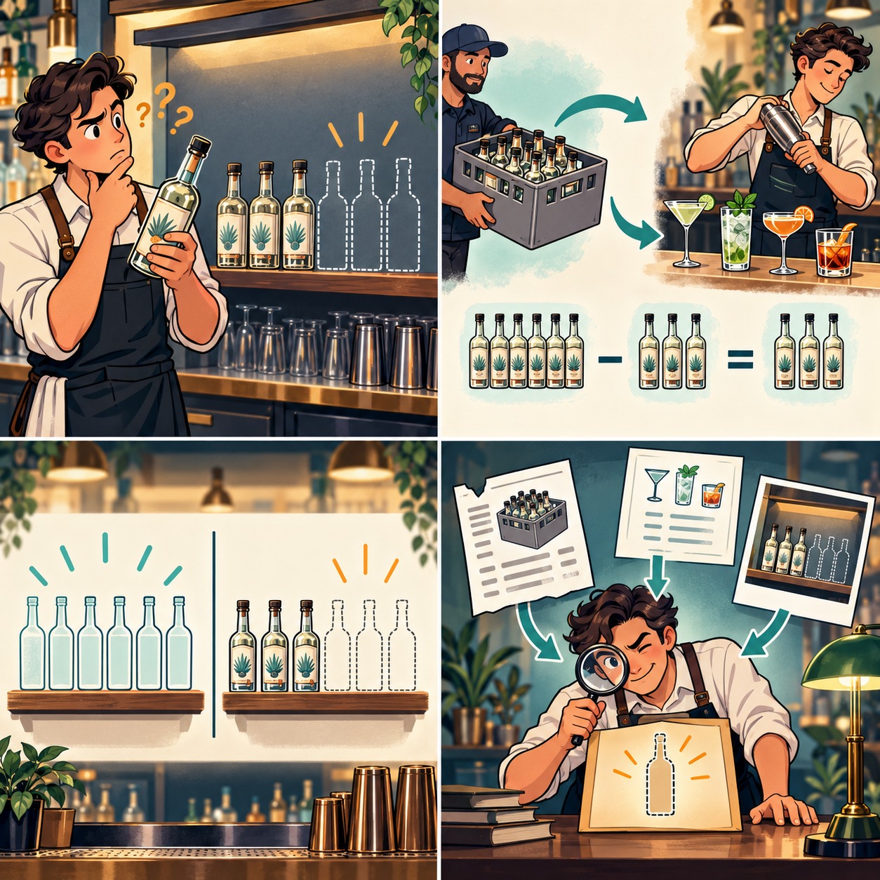 Ilustración de un encargado que revisa una diferencia en botellas