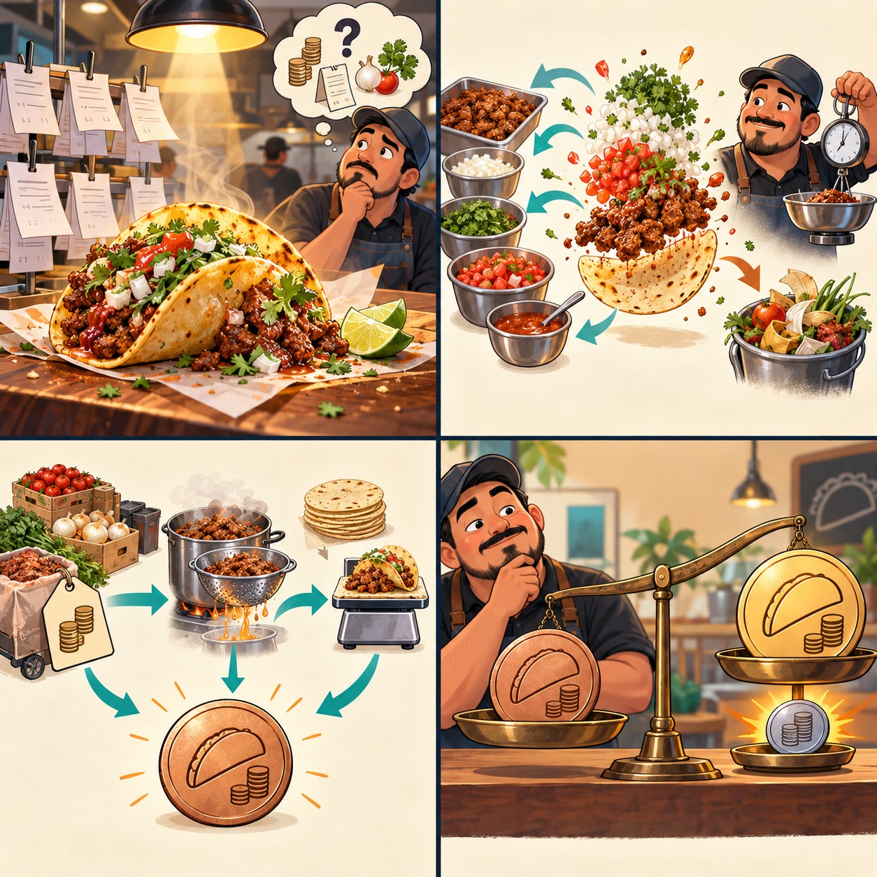 Ilustración de un restaurantero que revisa el costo de ingredientes de un taco