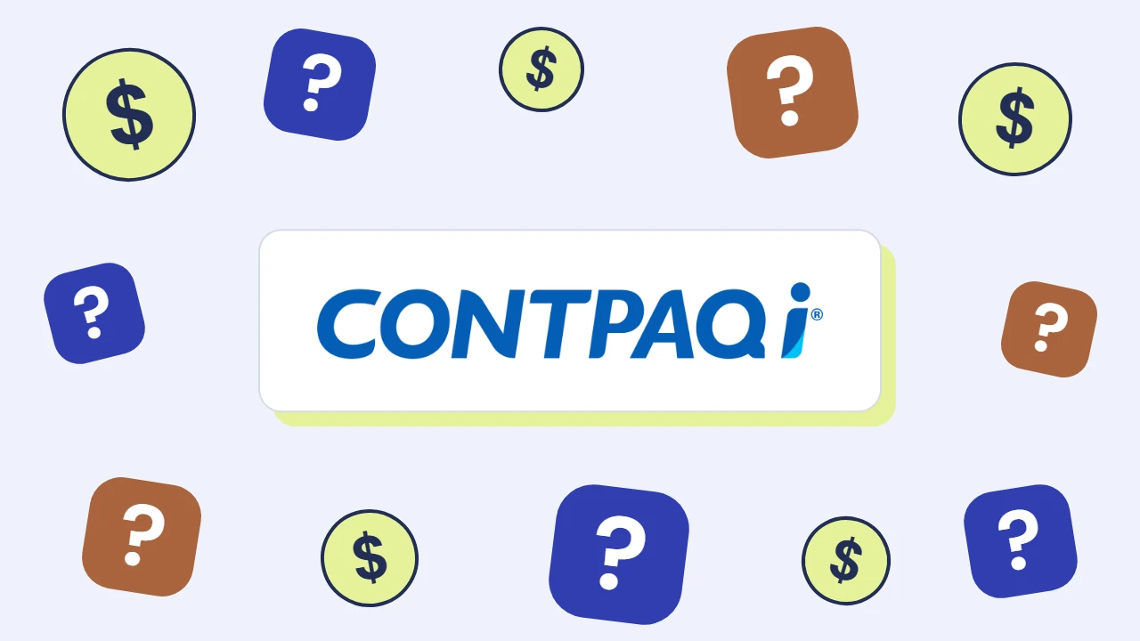 El logotipo de CONTPAQi rodeado de signos de pesos y signos de interrogación