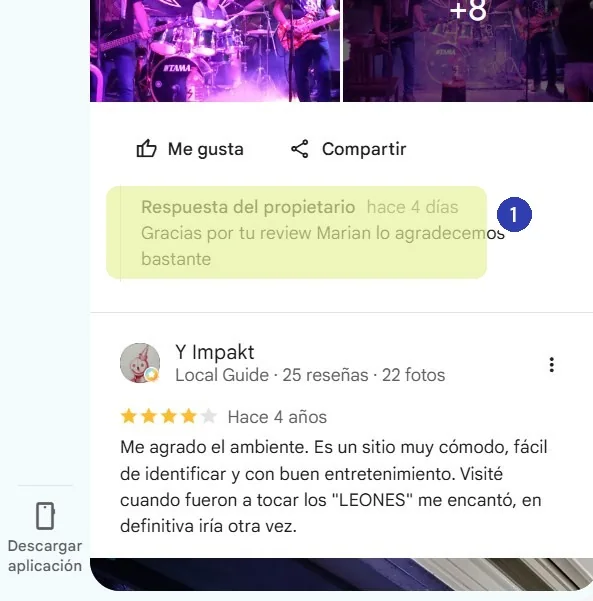 Respuesta del propietario publicada hace cuatro días debajo de la reseña de un cliente